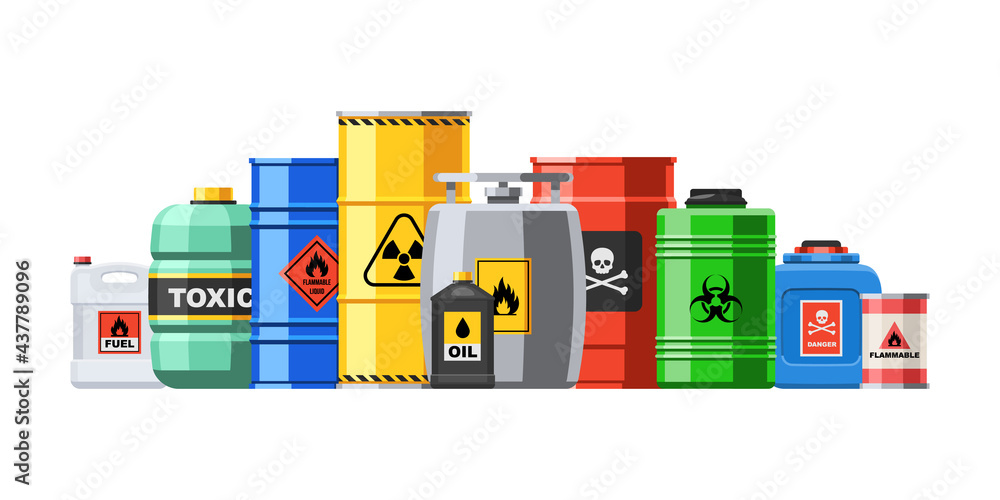 Wall mural different container with hazard chemical liquid in row line. compressed gas and oil safety tank with - Wall murals