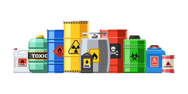 Different container with hazard chemical liquid in row line. Compressed gas and oil safety tank with dangerous radioactive flammable substance vector illustration isolated on white background