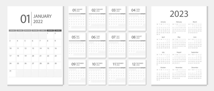 Calendar 2022 week start Monday corporate design template vector.