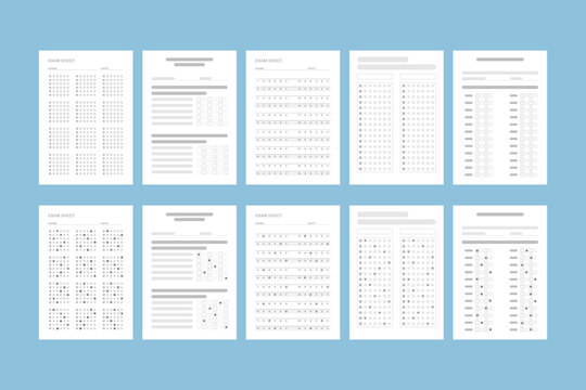 Realistic exam sheets school test with task and answer set. Questionnaire examination form for college and university education success check, paper worksheet kit isolated vector illustration