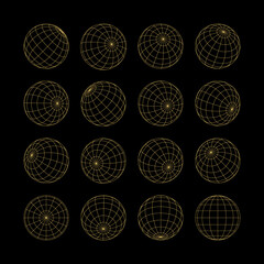 Wireframe gold grid globe mesh spherical object set. Network line, HUD three-dimensional design sphere with latitude longitude structure vector illustration isolated on black background