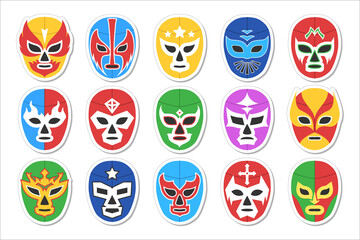 Lucha libre match game, luchador mexican face head mask set. Mexican man costume for traditional folk sport entertainment and fight competition vector illustration isolated on white background