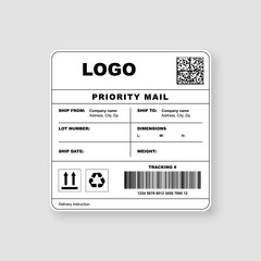 Obraz premium Shipping label, priority mail cargo sticker template. Realistic delivery bar code mockup with fragile, forbidden to turn and recycle sign warning icon and company information vector illustration