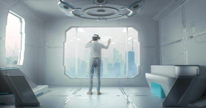 Anonymous man choosing window view in virtual reality room