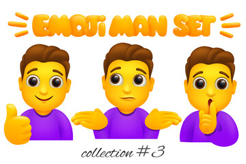 Set of emoji man characters. Cartoon style emoticon collection. Thumbs up, cofusing, keep silence gestures