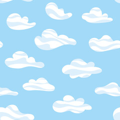 Vector doodle clouds on sky repeat pattern. Blue hand drawn cloudy day seamless background. For scrapbooking, wallpaper, fabric, wrapping, invitations, card.