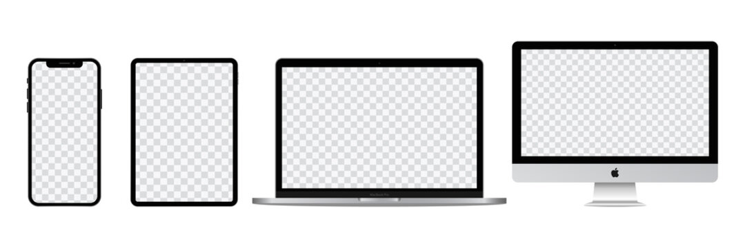 Set mockup computer, laptop, tablet, smartphone. Realistic isolated vector templates Apple devices on white background.