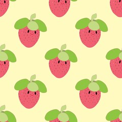 Strawberry. Cute fruit vector character set isolated on white seamless pattern with strawberry.Tasty fruit fresh  illustration