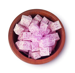 Top view of Taro in wooden bowl  on white background