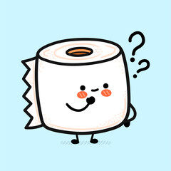 Cute funny happy white toilet paper roll with question marks. Vector hand drawn cartoon kawaii character illustration icon. Funny cartoon toilet paper mascot character concept