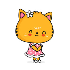 Cute funny lady girl cat in dress. Vector flat line cartoon kawaii character illustration icon. Funny cute cartoon cat, kittoe girl concept