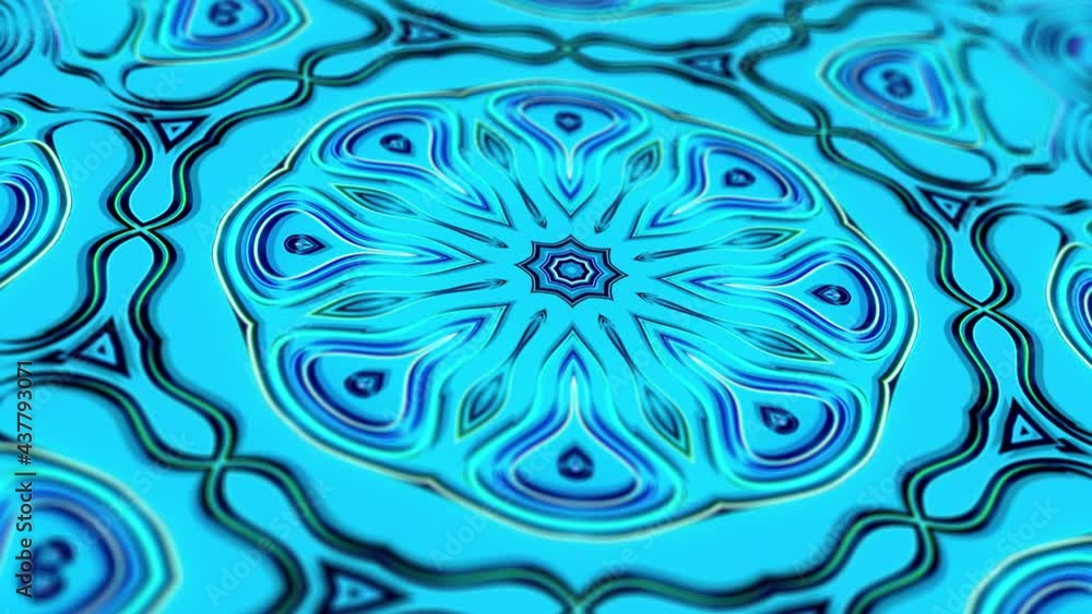 Poster kaleidoscopic structure with neon flash lights. pattern like symmetrical radial ornament on blue pla