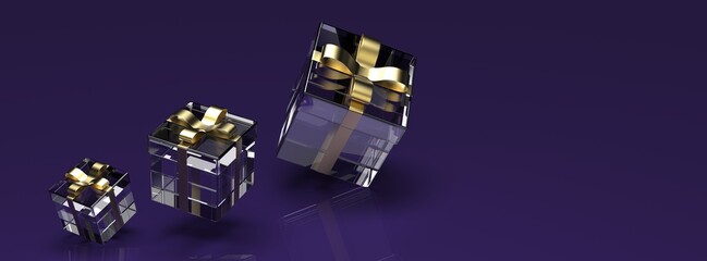 Clear closed gift boxes with gold ribbon on purple background. 3D illustration. 3D . 3D high quality rendering.