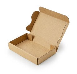 A cardboard box with the lid open, placed on a white background.