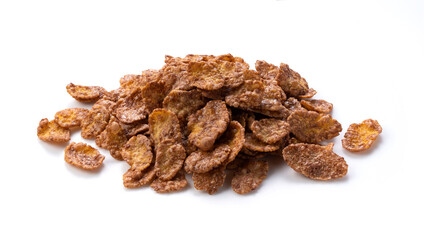 Chocolate cornflakes placed on a white background.