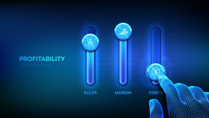 Profitability concept. Business process control panel for sales, margin and costs. Wireframe hand adjust a profitability levels mixer. Mixing console. Profit and business growth. Vector illustration.