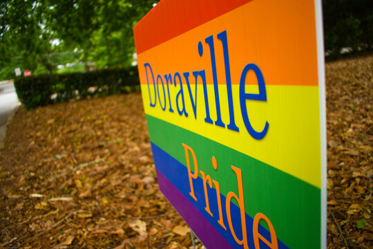 Doraville gay pride sign sits proudly in a residents yard for LGBTQ+ June Pride month