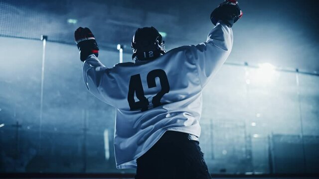 Professional Ice Hockey Player Celebrating Victory, Raising Arms.