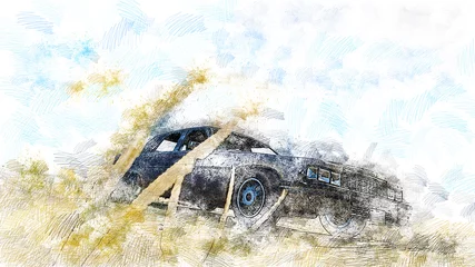  Drawing a car in an abstract, pencil style. Retro car sedan. A car on a country road. Sky clouds drawn in pencil. Yellow rye in the foreground. © Romafa