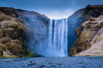 Iceland waterfall, Skógafoss, Misty day