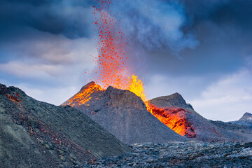 Iceland Volcano Volcanic Eruption with lava at Fagradalsfjall, Reykjanes Peninsula - obrazy, fototapety, plakaty