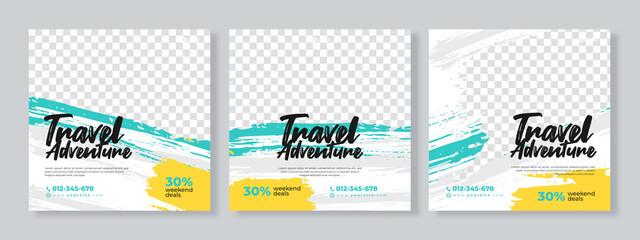 Set of three travel adventure social media pack template premium vector - Powered by Adobe