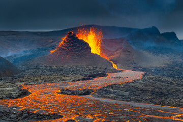 Iceland Volcano Volcanic Eruption with lava at Fagradalsfjall, Reykjanes Peninsula