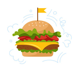 Fast food burger doodle cartoon set. Hand drawn flat hamburger icon, sign speech bubble. Menu delicious fast food fresh burger. Cheeseburger, beverage tasty unhealthy lunch. Vector illustration