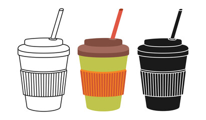 Coffee cup to go cartoon set line icon, black glyph trendy style. Craft flat cup Caffeine drink branding and cafe label design, disposable coffee paper cup icon takeaway container. Vector illustration