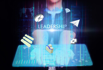 Business, Technology, Internet and network concept. Young businessman working on a virtual screen of the future and sees the inscription: Leadership