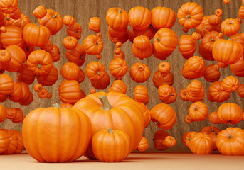 Background foods with pumpkins. Pumpkins background illustration. Three-dimensional gourds. Concept - cooking pumpkins dishes. Background on theme of cooking. 3d pattern or texture.
