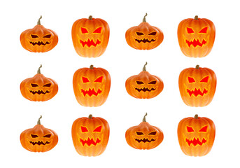 Halloween Pumpkins on white background. halloween pumpkin with scary carved faces. Lamps Jack O'Lantern 3d. Three-dimensional halloween pumpkin of different kind. All Hallows' Eve Party Decorations