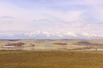 Obraz premium Chui steppe in the Altai Mountains. Spring plain with a lake on the background of the North Chui ridge under a blue sky. Siberia, Russia