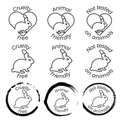 Set of 9 black and white icons with rabbit in heart and seal. Cruelty free, Animal friendly, not tested on animals labels for cosmetic products. The rabbit's stroke is editable. Vector illustration.