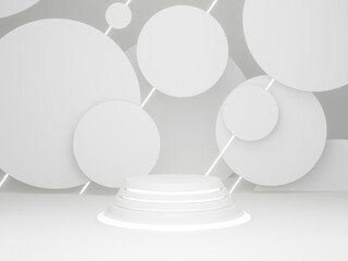 3D illustration. White geometric product stand with neon light.