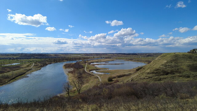 Bow River near the neighborhood of Cranston in Calgary, Alberta, Canada.  Big River in southern Alberta known for its trout fishing. It is also used by the city of Calgary for freshwater supply.  