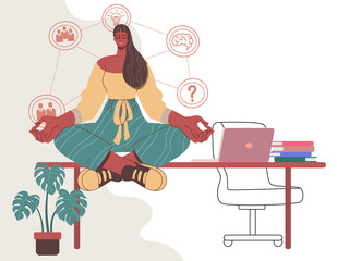 Businesswoman meditating in yoga lotus position on table, in office, solve problems, Vector design illustrations isolated on white background.
