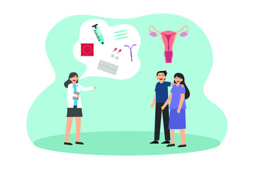 Fototapeta na wymiar Contraception vector concept: Female doctor giving suggestion about contraception to young couple