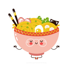 Cute funny Ramen bowl meditate in yoga pose. Vector hand drawn cartoon kawaii character illustration icon. Isolated on white background. Ramen bowl meditate concept
