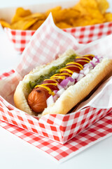Close up of a hotdog in a red and white checkered tray with potato chips in behind, ready for eating.