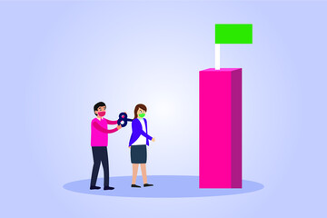 Manipulation vector concept. Businessman controlling a woman with a wind up key to take a success flag.