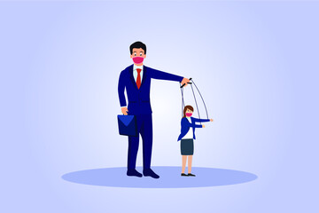 Manipulation vector concept. Businessman controlling businesswoman from above like a puppet