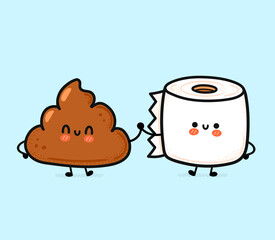 Cute funny happy poop and toilet paper friends. Vector hand drawn cartoon kawaii character illustration icon. Funny cartoon poop and toilet papper mascot character concept