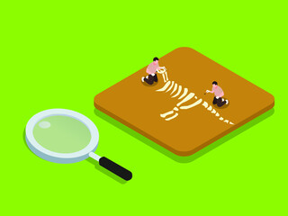 Museum vector concept. Archaeologist digging for dinosaur skeleton