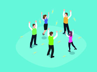Throwing face mask isometric vector concept. Group of happy people throwing face mask enjoying freedom