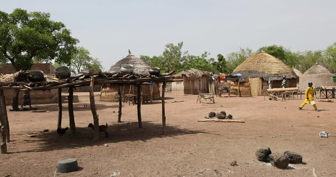 Typical African village north Ghana Savannah grass mud huts. Northern Savannah region of Ghana. Rural traditional mud and straw huts and buildings. African tribal and native homes.