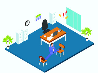 Relaxation vector concept. Businessman meditating while stretching his leg between two chairs in the office