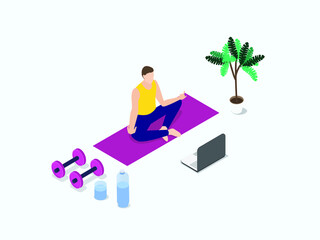 Home exercising vector concept. Young man doing yoga exercise at home while watching video online on the laptop computer