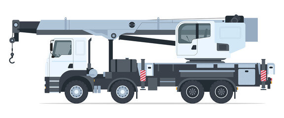Crane Truck Isolated Detailed Vector Illustration Sideview, Heavy Equipment, Construction Vehicles, Machinery