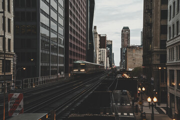 Fototapeta na wymiar Train subway view at Chicago, Vintage Chicago skyline